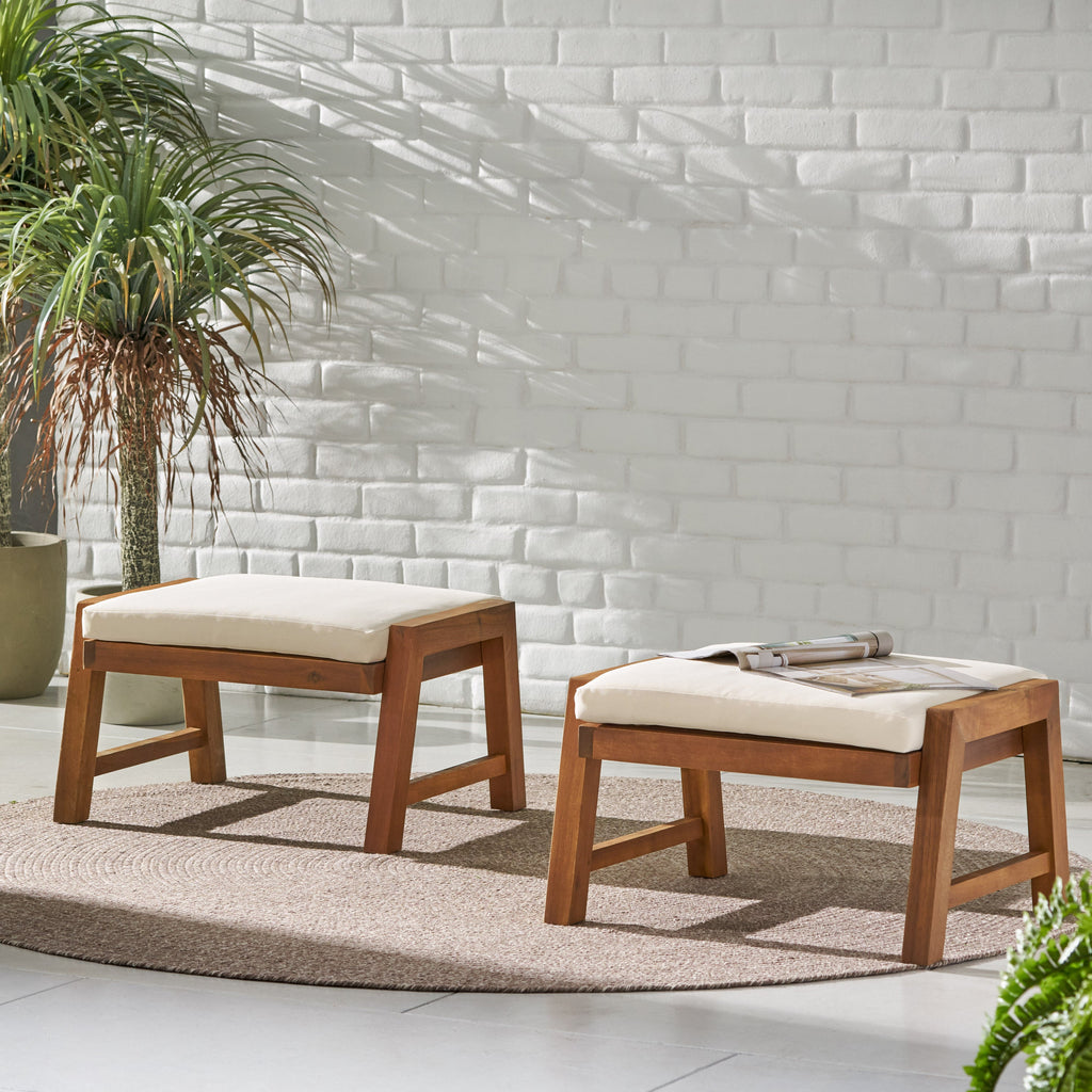 Brixton Acacia Wood Outdoor Ottomans with Cushion, Set of 2