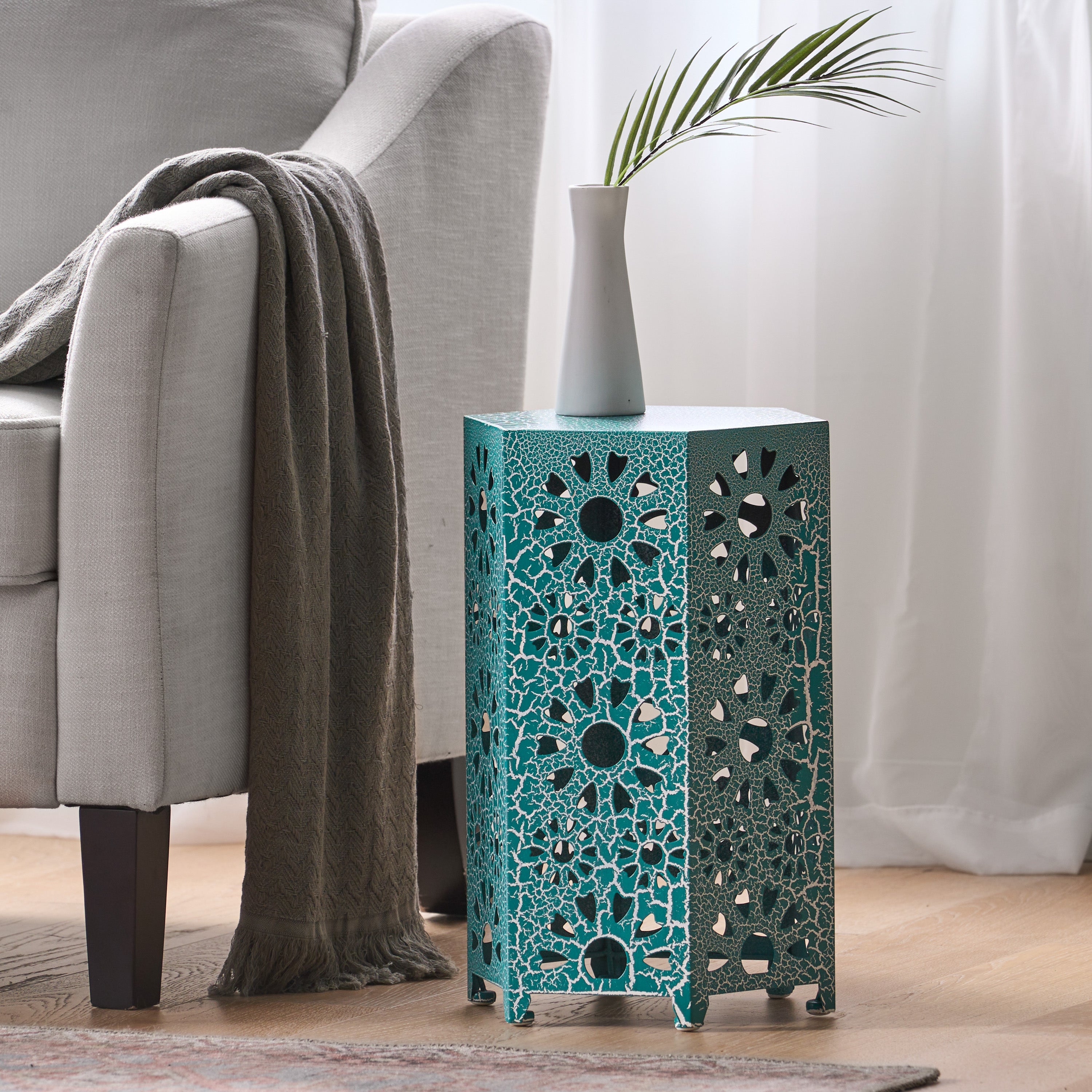 Enshrine Outdoor Iron Side Table with Sunburst Cut Out Design