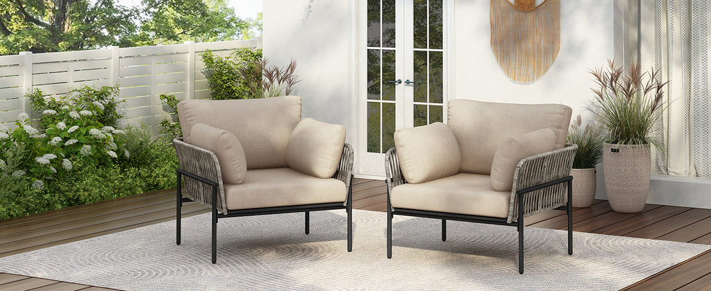 Brisa Outdoor Modern Iron Lounge Chair with Rope Weave