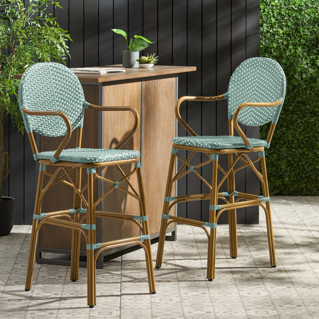 Valorous Outdoor Wicker Bar Stool with Round Back and Curved Arms, Set of 2
