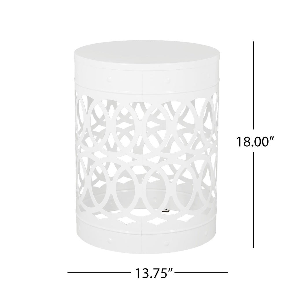 Symmetry White Outdoor Cylindrical End Table with Overlapping Circle Pattern
