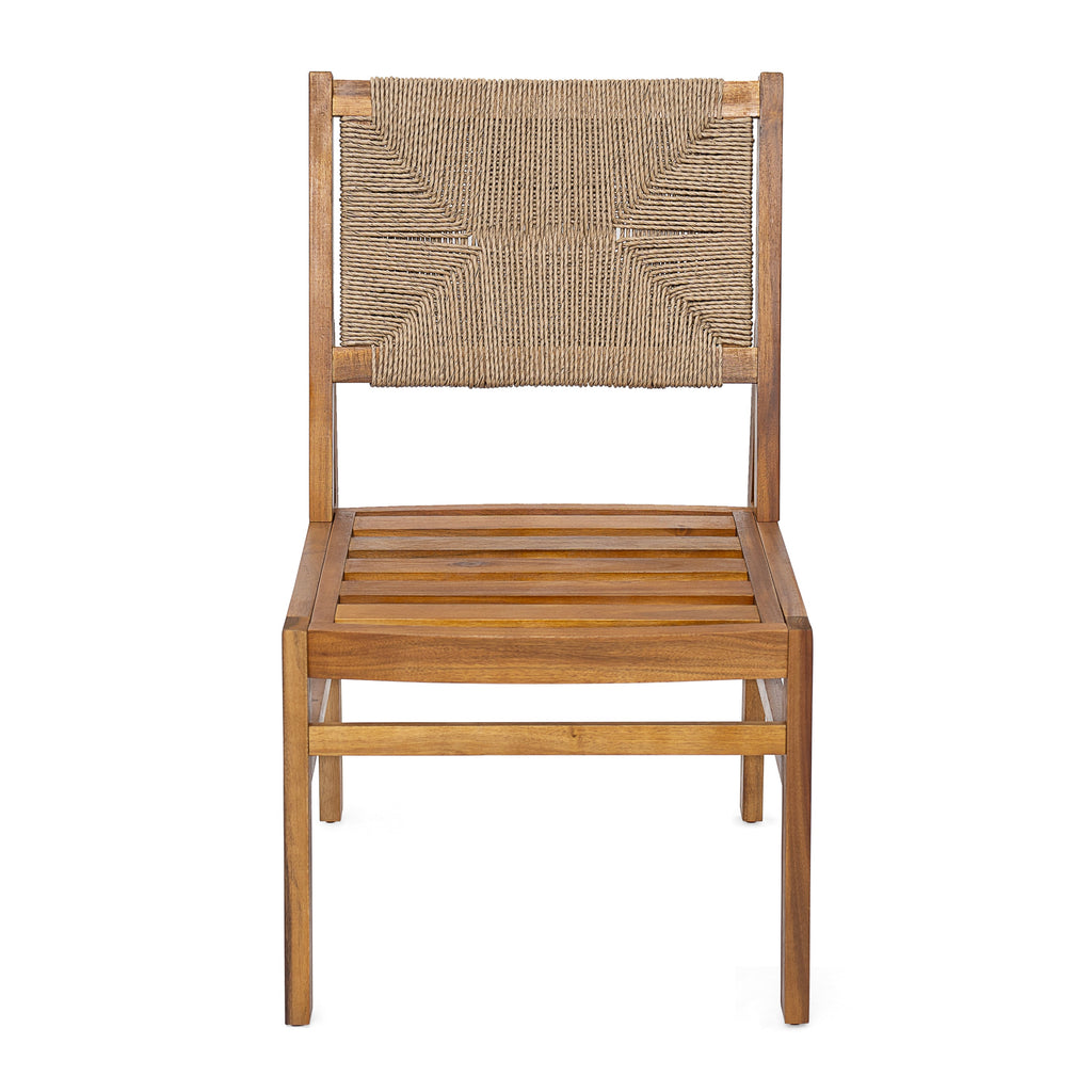 Monica Outdoor Wood and Wicker Woven Dining Chair with Cushions, Set of 2