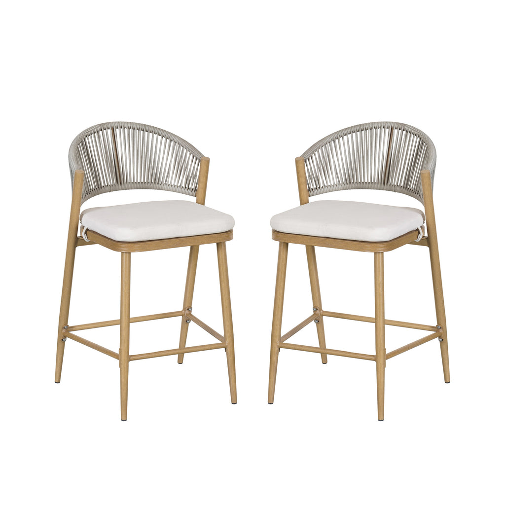 Outdoor Metal Frame Stools with Scallop-Shaped Backrest & Water-Resistant Cushions, Set of 2