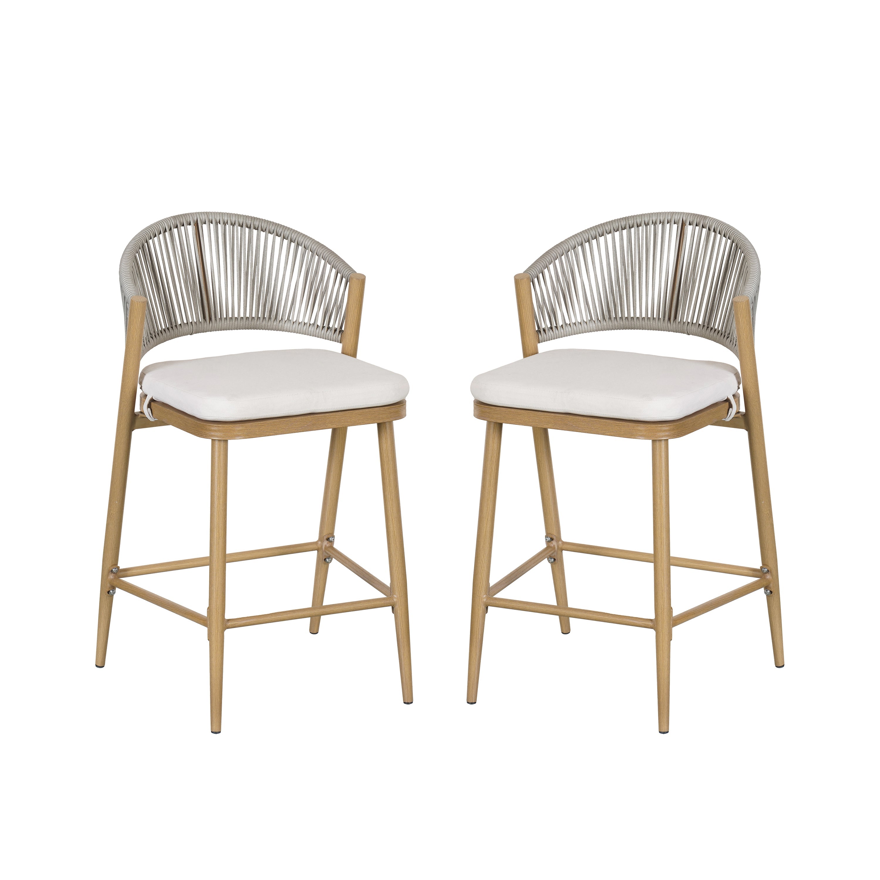 Outdoor Metal Frame Stools with Scallop-Shaped Backrest & Water-Resistant Cushions, Set of 2