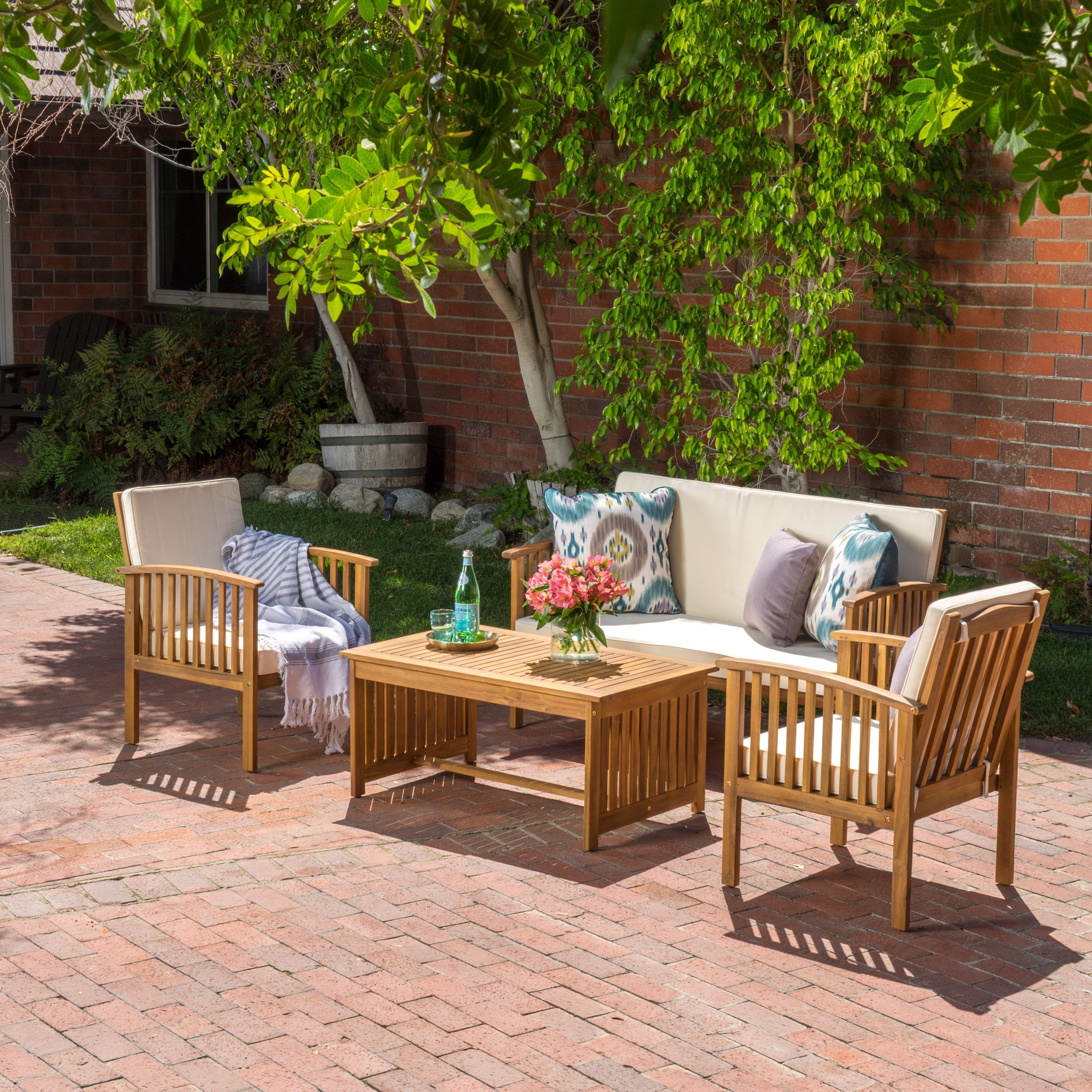 Tidewell 4 Piece Acacia Wood Outdoor Chat Set with Water-Resistant Cushions