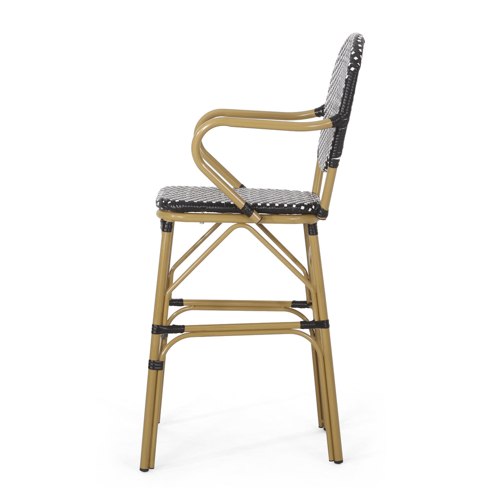 Valorous Outdoor Wicker Bar Stool with Round Back and Curved Arms, Set of 2