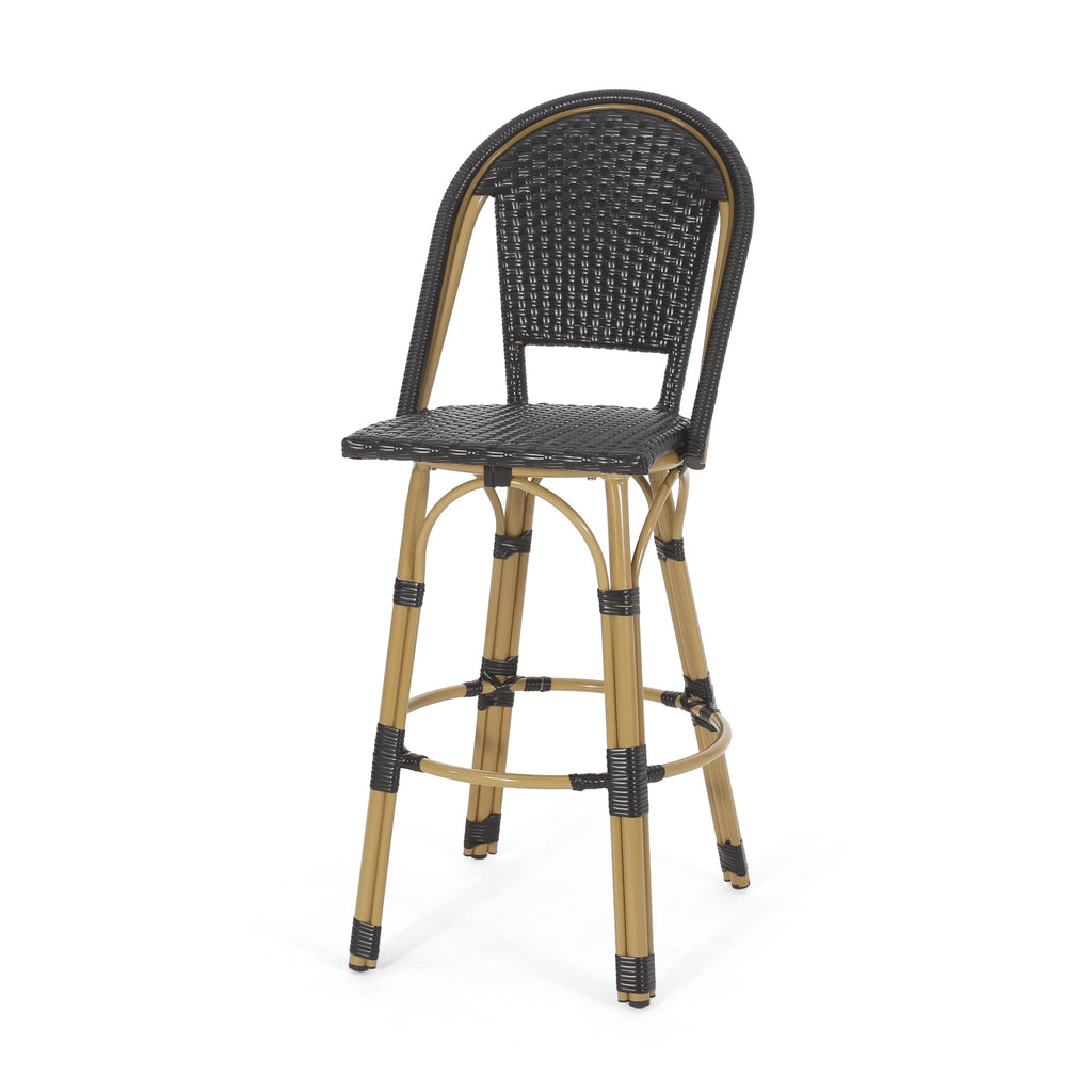 Callisto 29.5" Outdoor Rattan and Aluminum Bar Stool with Curved Back and Footrest