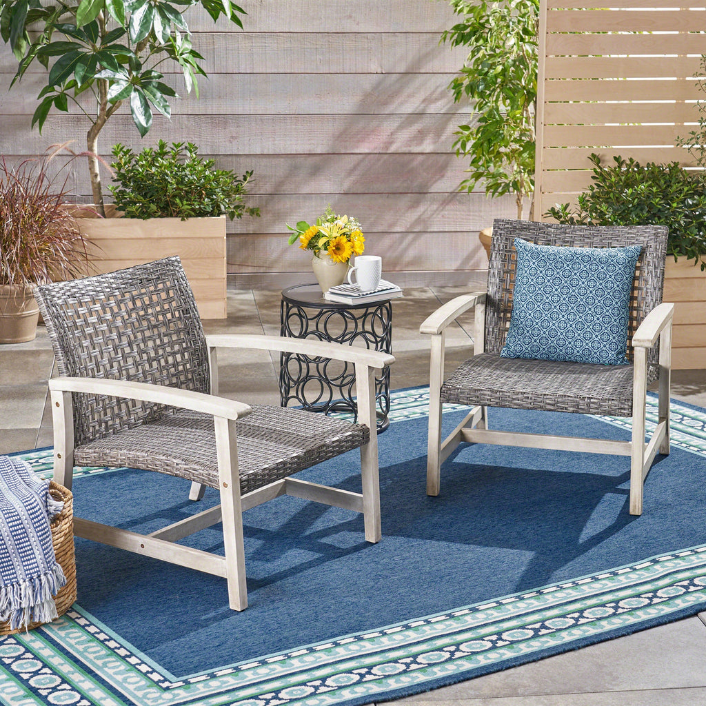 Hampton Outdoor Rattan & Acacia Wood Wicker Club Chairs, Set of 2