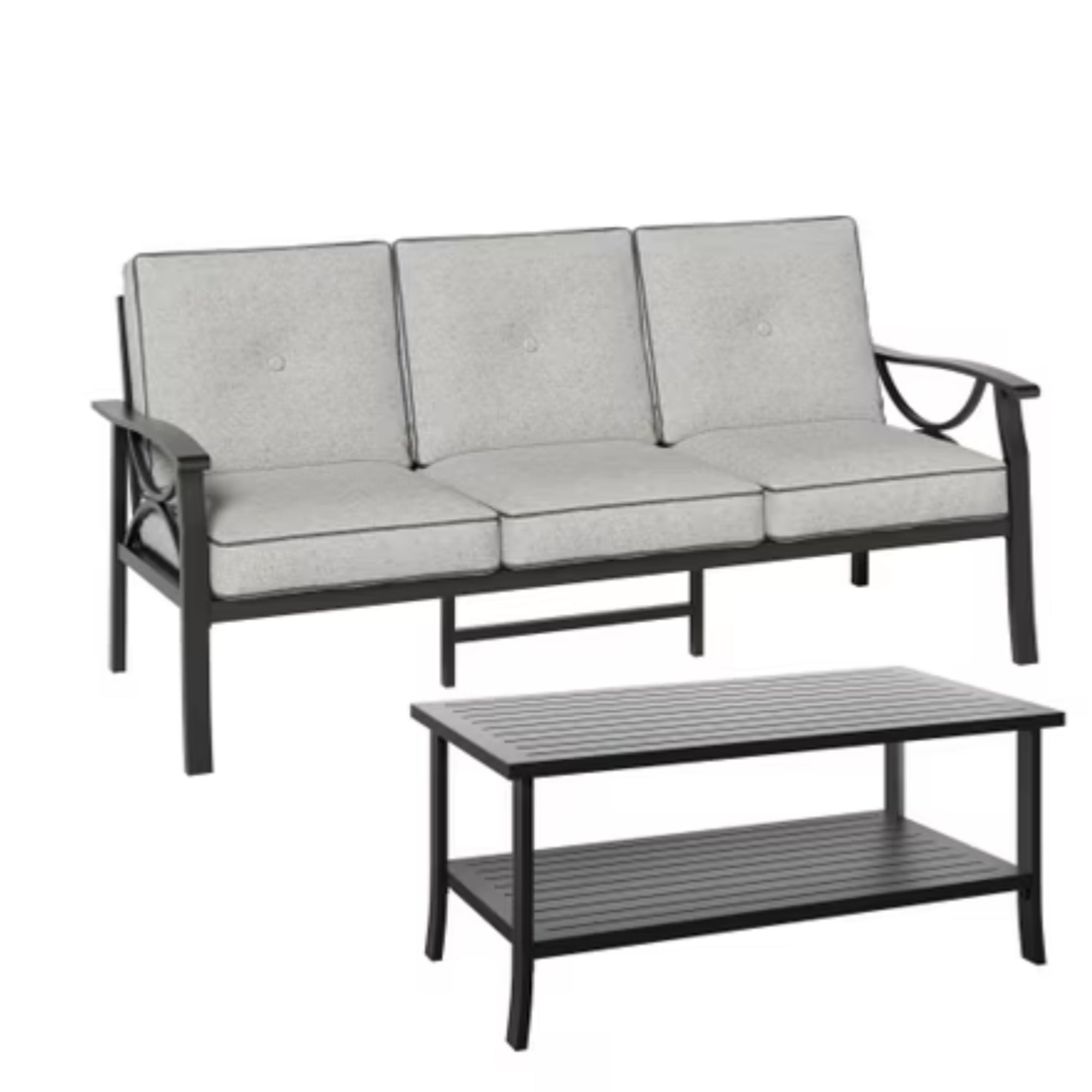 Marisol 2 Piece Outdoor Patio Set, 70" All-Weather Metal 3-Seat Sofa and Coffee Table