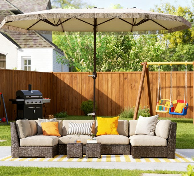 Oversized Fringe Trim Patio Umbrella with Crank Handle