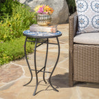 Outdoor Round End Table with Mosaic-Style Top and Curved Iron Legs