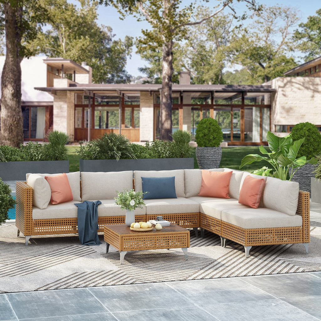 7-Piece Outdoor Wicker Sectional Sofa with Water Resistant Cushions and Coffee Table