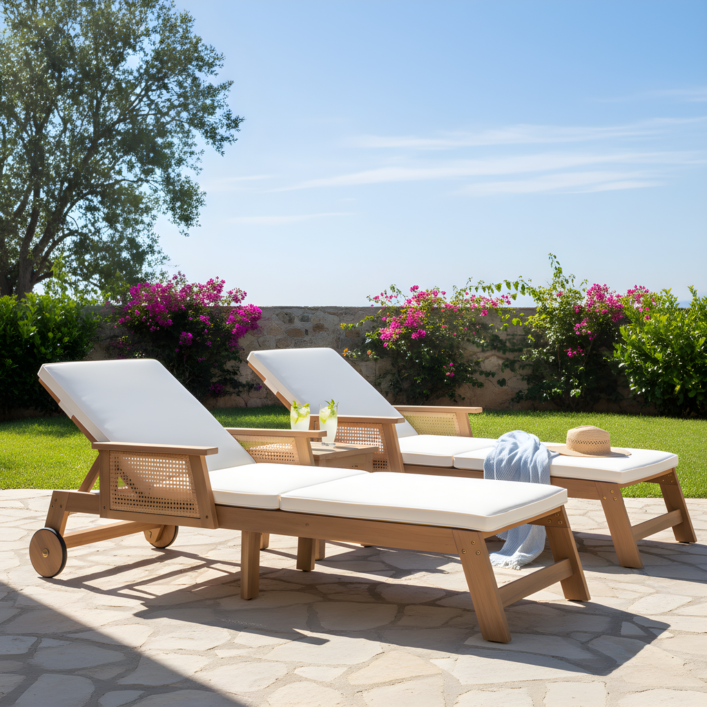Retro Acacia Wood Outdoor Sunlounge with Wheels & 3-Position Backrest