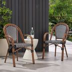 Crowned Wicker Bistro Chair with Checkered Pattern and Curved Arms, Set of 2