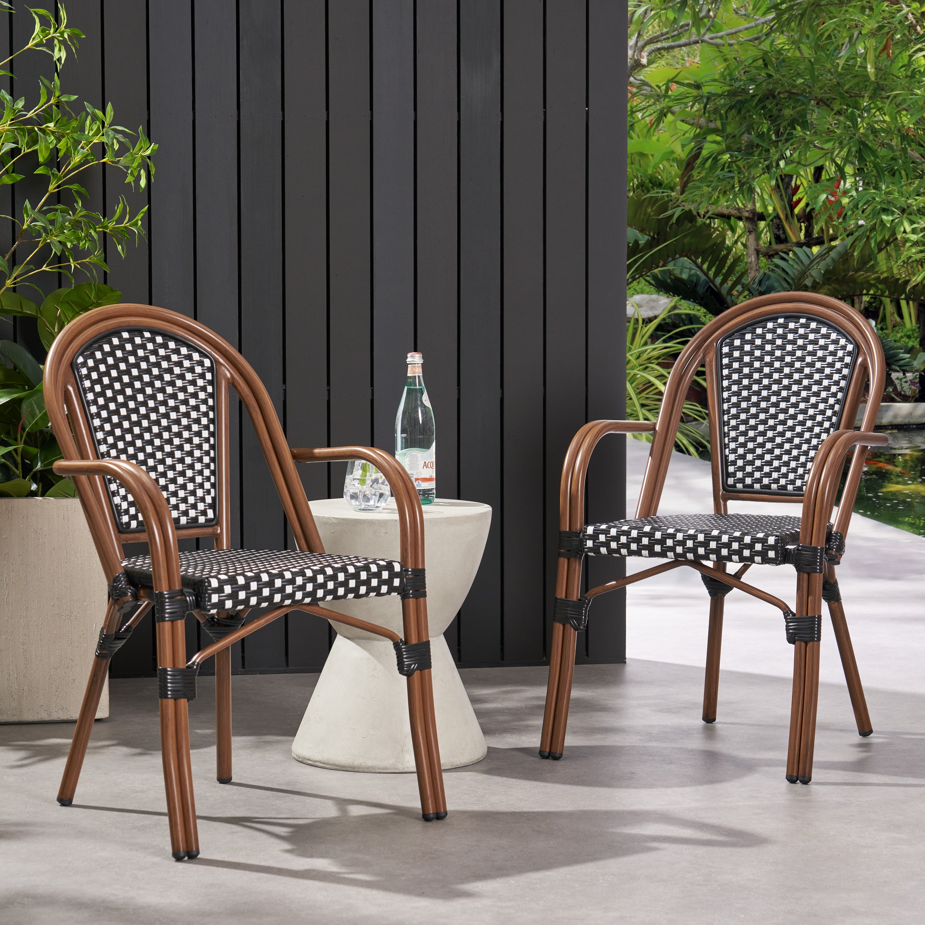 Crowned Wicker Bistro Chair with Checkered Pattern and Curved Arms, Set of 2