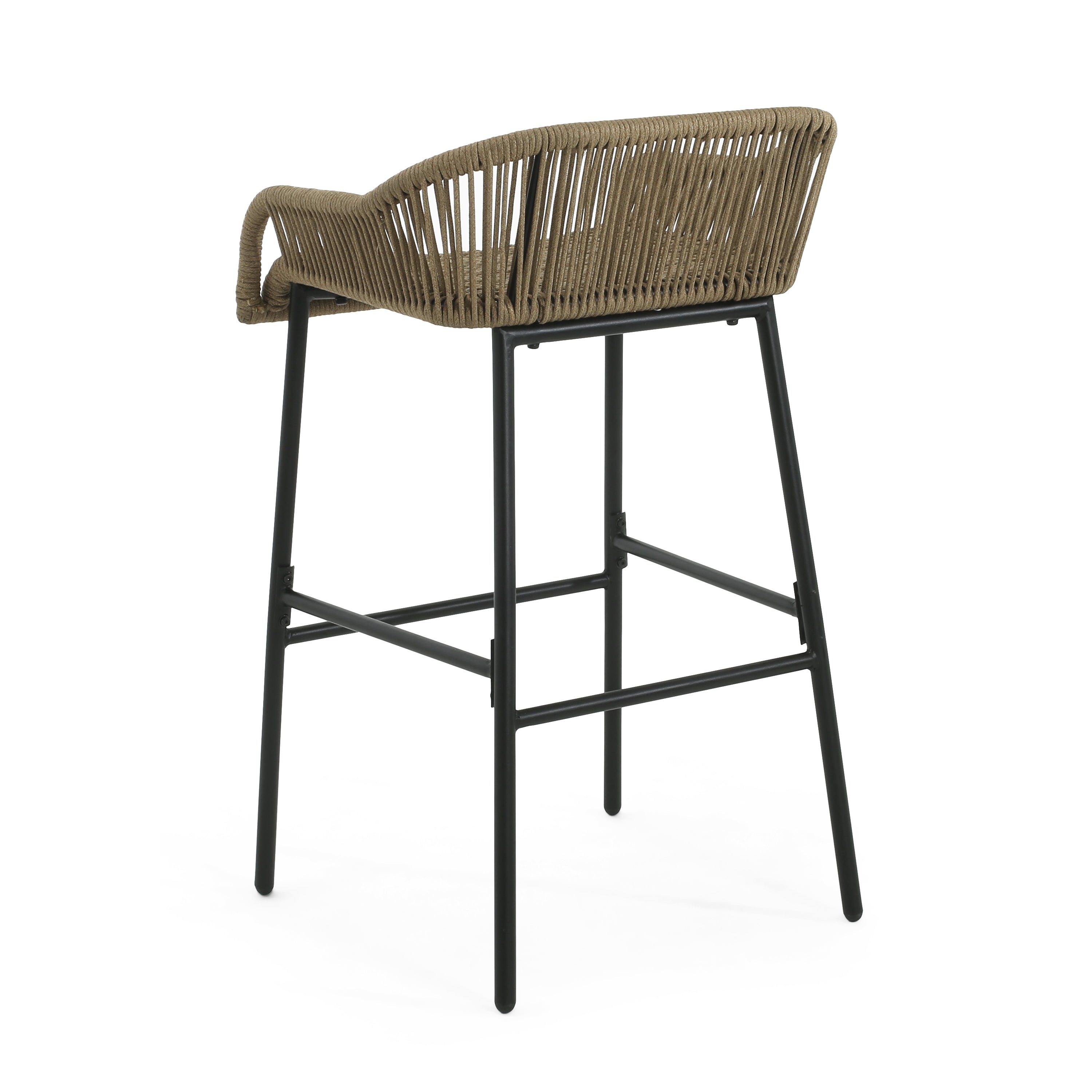 Outdoor Rope Bar Stool with Low Back and Iron Frame, Set of 2