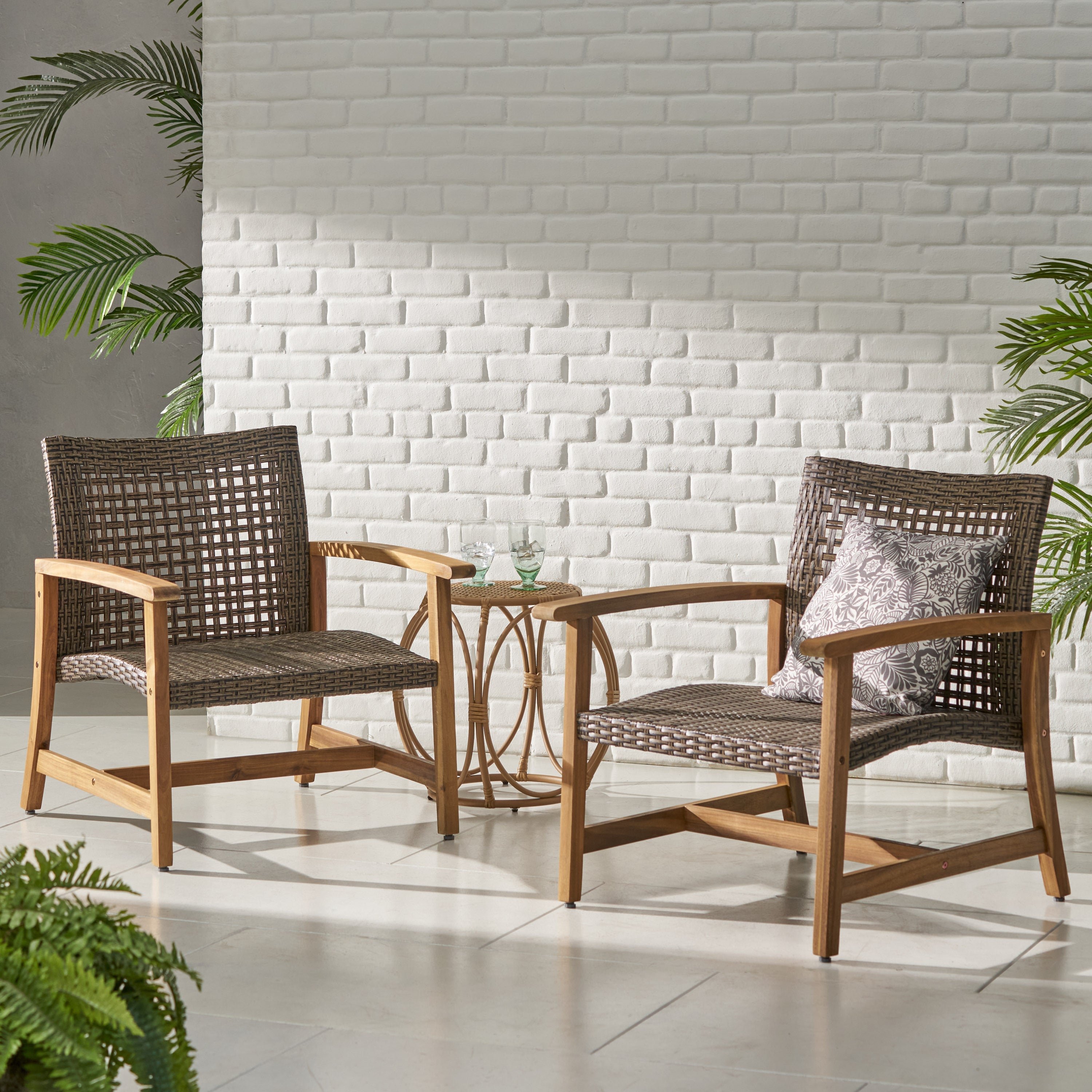 Hampton Outdoor Rattan & Acacia Wood Wicker Club Chairs, Set of 2