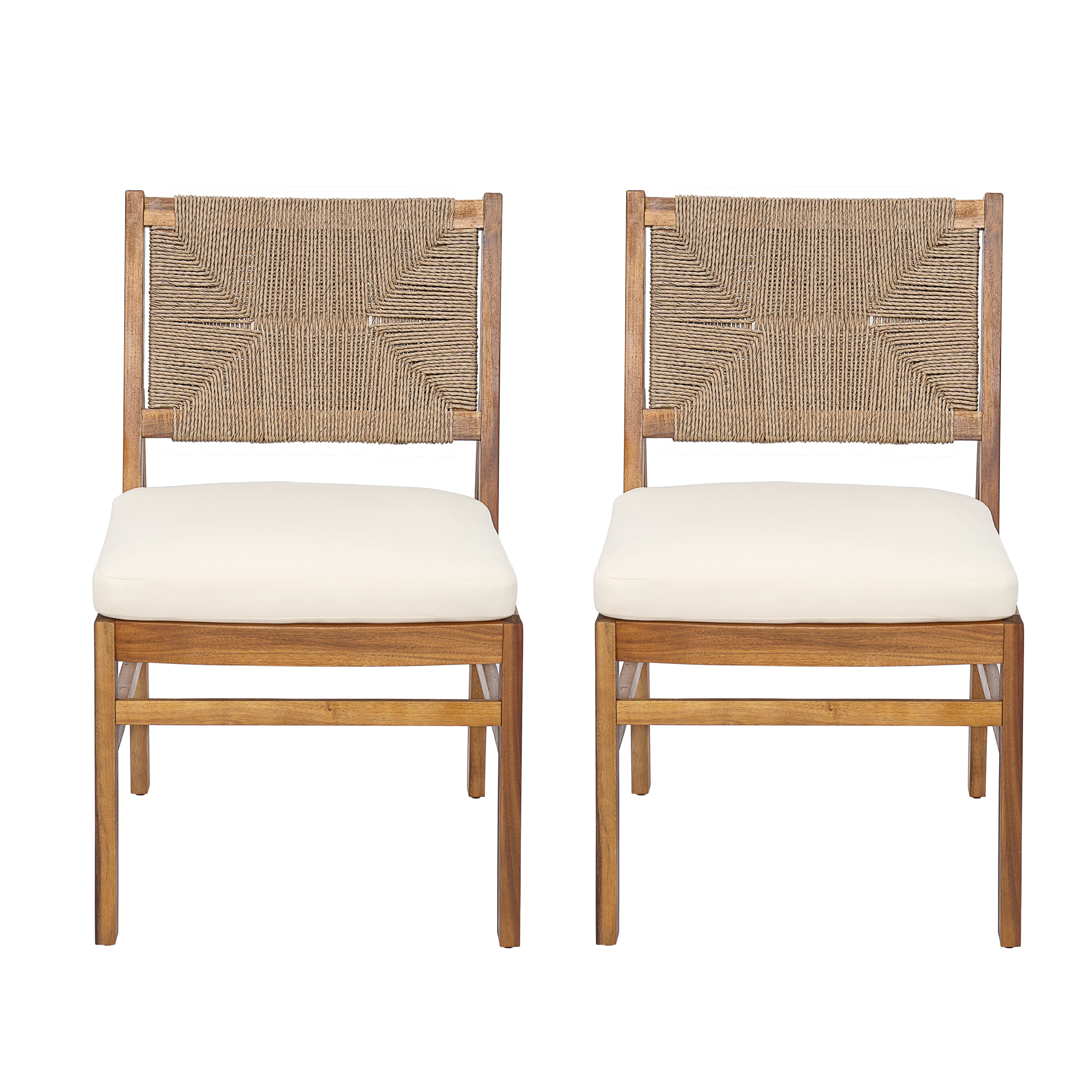 Monica Outdoor Wood and Wicker Woven Dining Chair with Cushions, Set of 2
