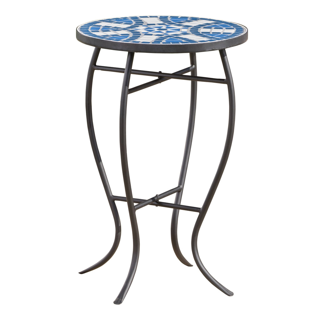 Outdoor Round End Table with Mosaic-Style Top and Curved Iron Legs