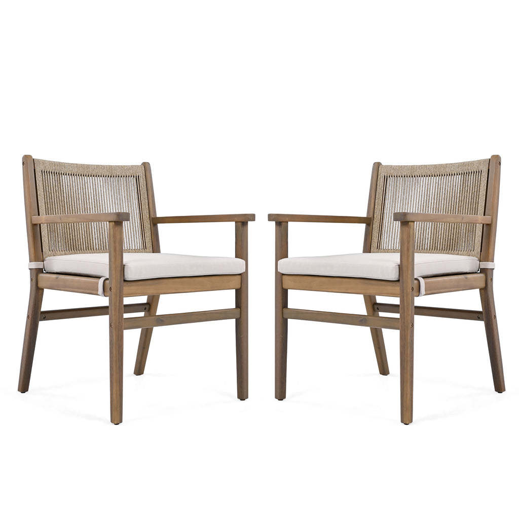 Outdoor Dining Chair with Rope Design Back and Seat Cushion, Set of 2