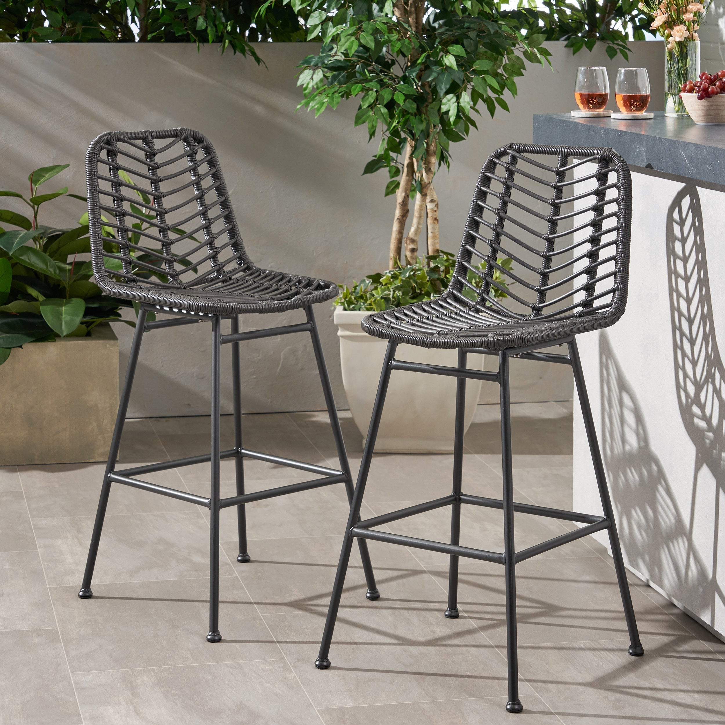 Sawtelle Outdoor Wicker Barstools, Set of 2