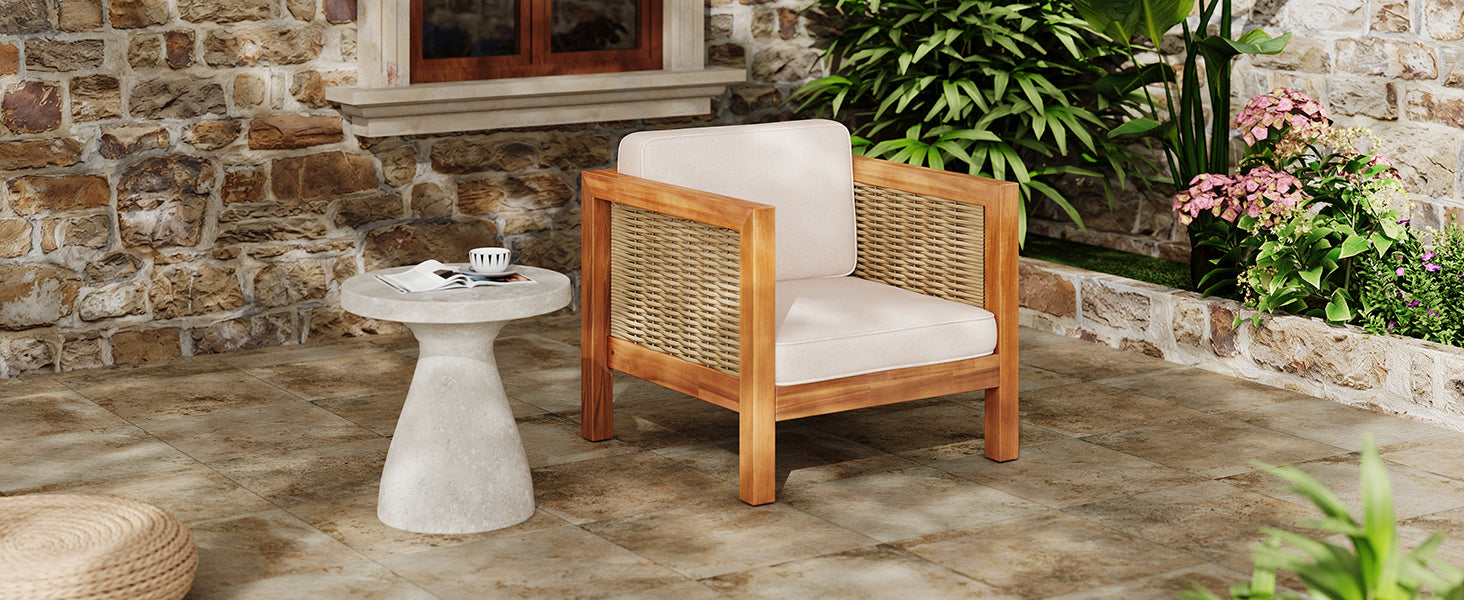 Outdoor Acacia Wood Outdoor Club Chair with Wicker Armrest and Beige Cushions