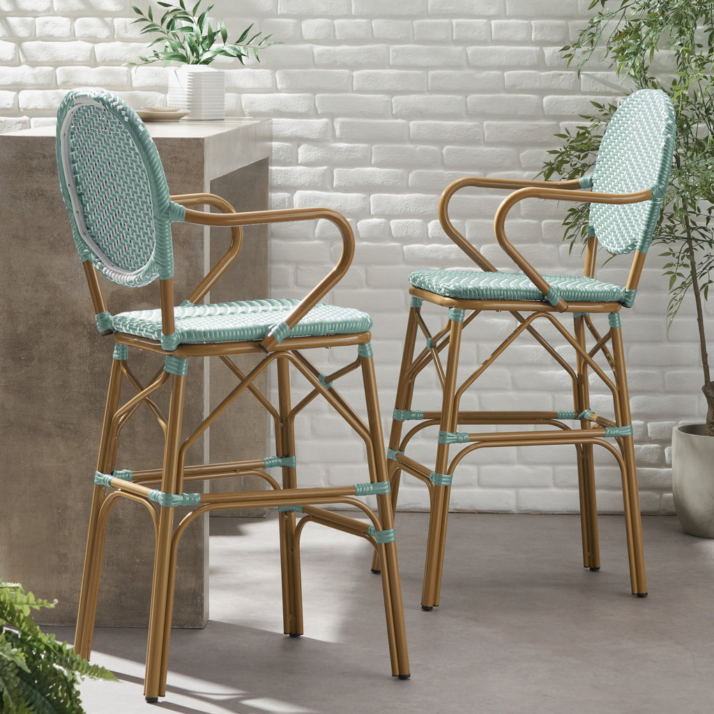 Valorous Outdoor Wicker Bar Stool with Round Back and Curved Arms, Set of 2