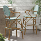 Valorous Outdoor Wicker Bar Stool with Round Back and Curved Arms, Set of 2