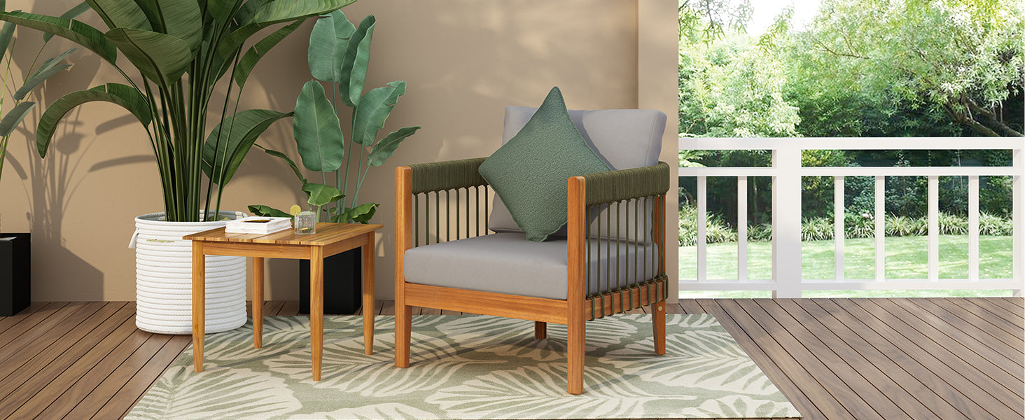 Azari Outdoor Acacia Wood Club Chair with Handwoven Rope Accents & Curved Backrest