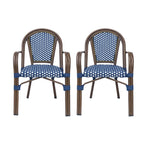Crowned Wicker Bistro Chair with Checkered Pattern and Curved Arms, Set of 2