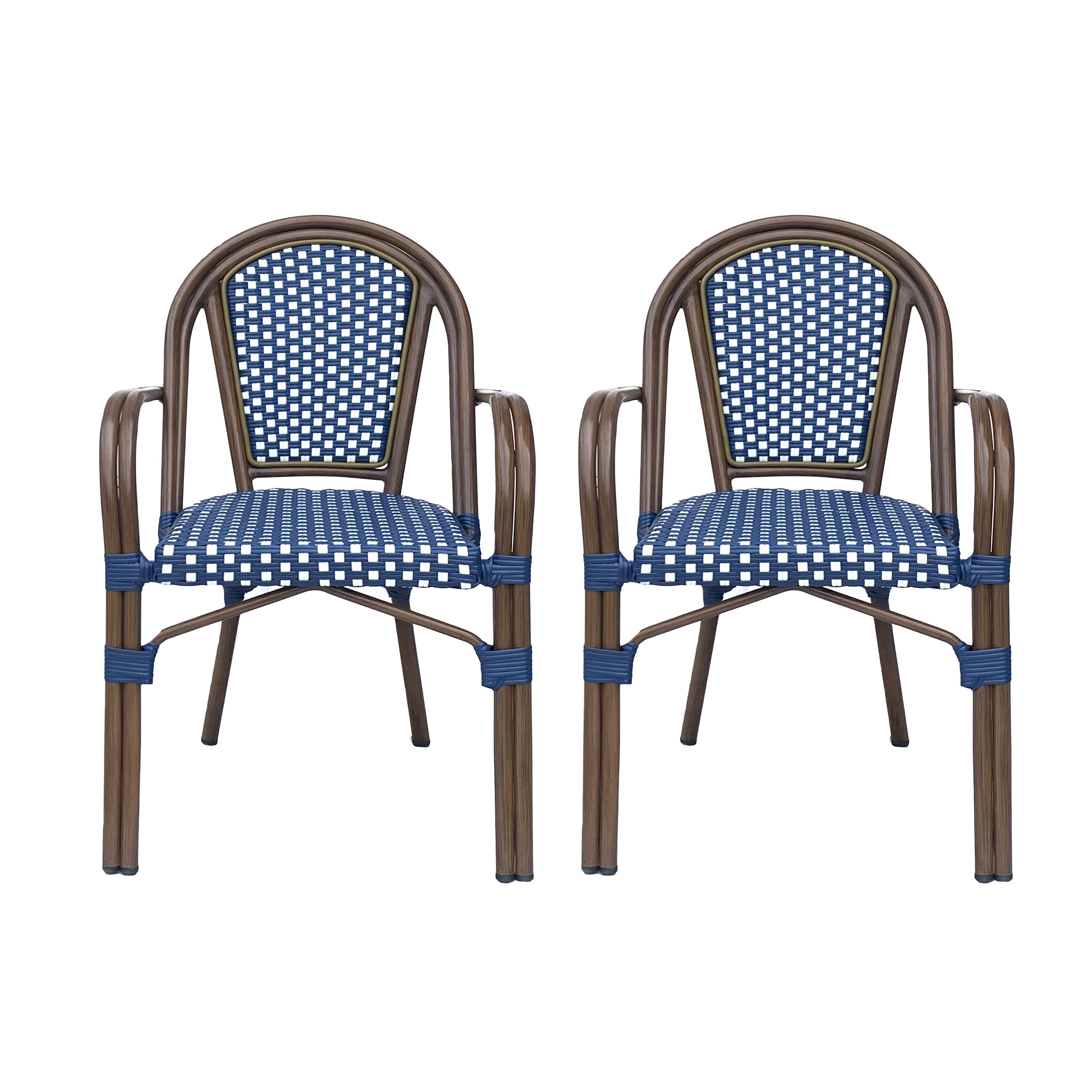 Crowned Wicker Bistro Chair with Checkered Pattern and Curved Arms, Set of 2