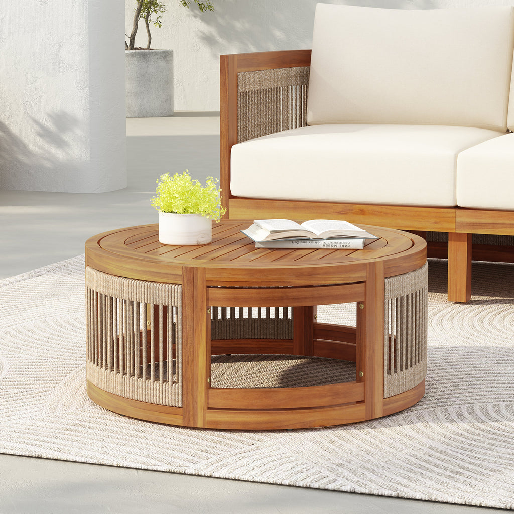 Sundara Acacia Wood Outdoor Coffee Table with Handwoven Rope Accents