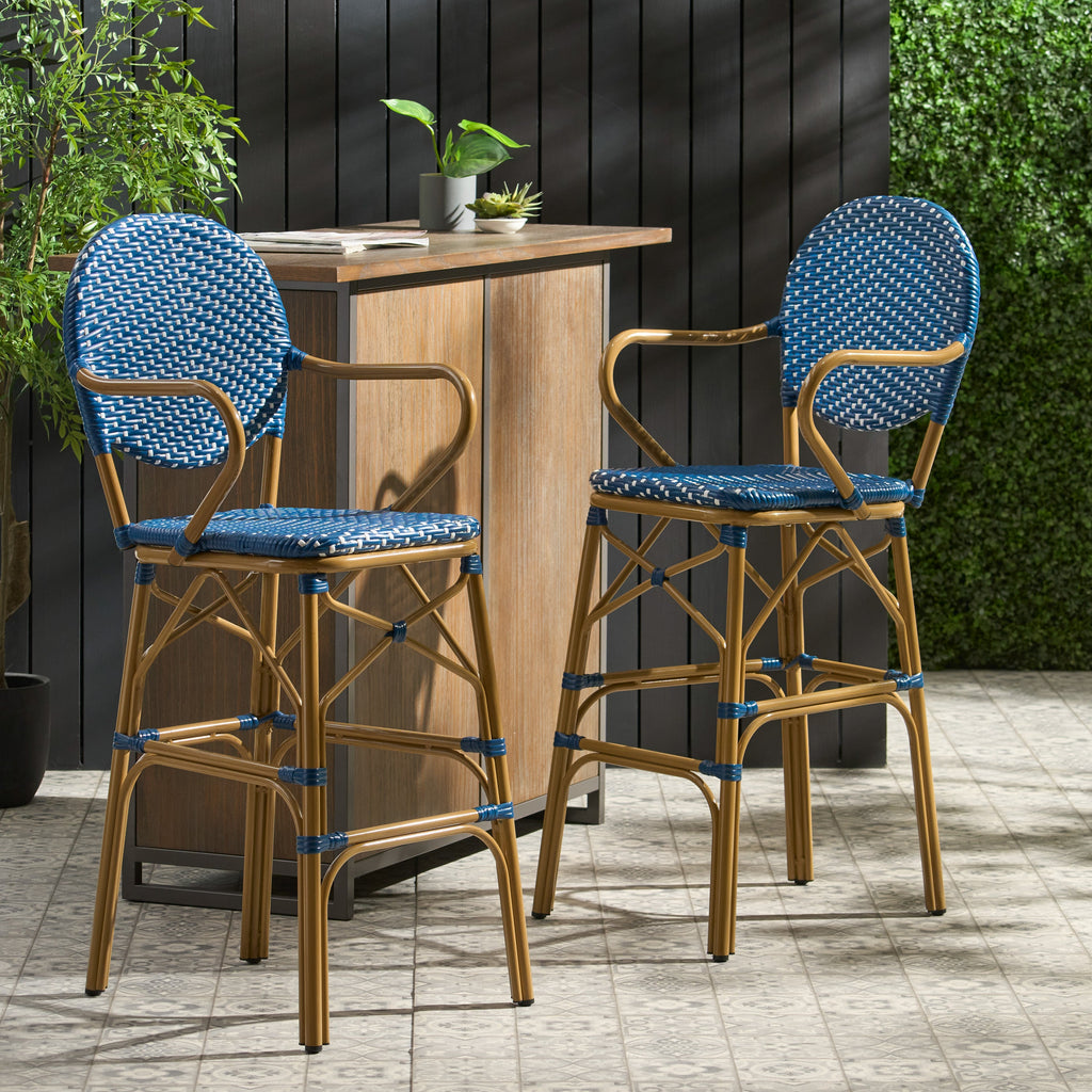 Valorous Outdoor Wicker Bar Stool with Round Back and Curved Arms, Set of 2