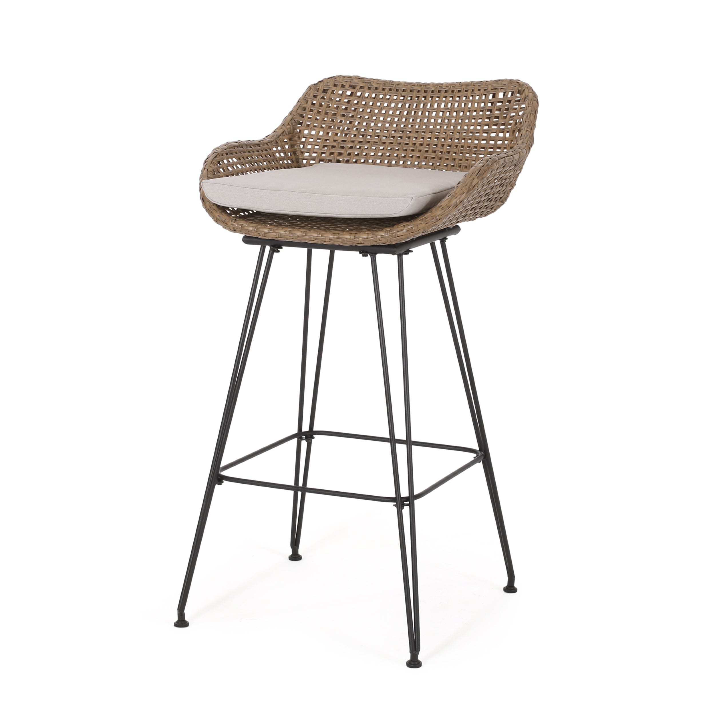 29.25" Outdoor Wicker Bar Stool with Hairpin Legs and Low Back, Set of 2