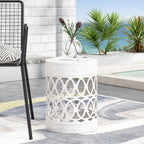 Symmetry White Outdoor Cylindrical End Table with Overlapping Circle Pattern