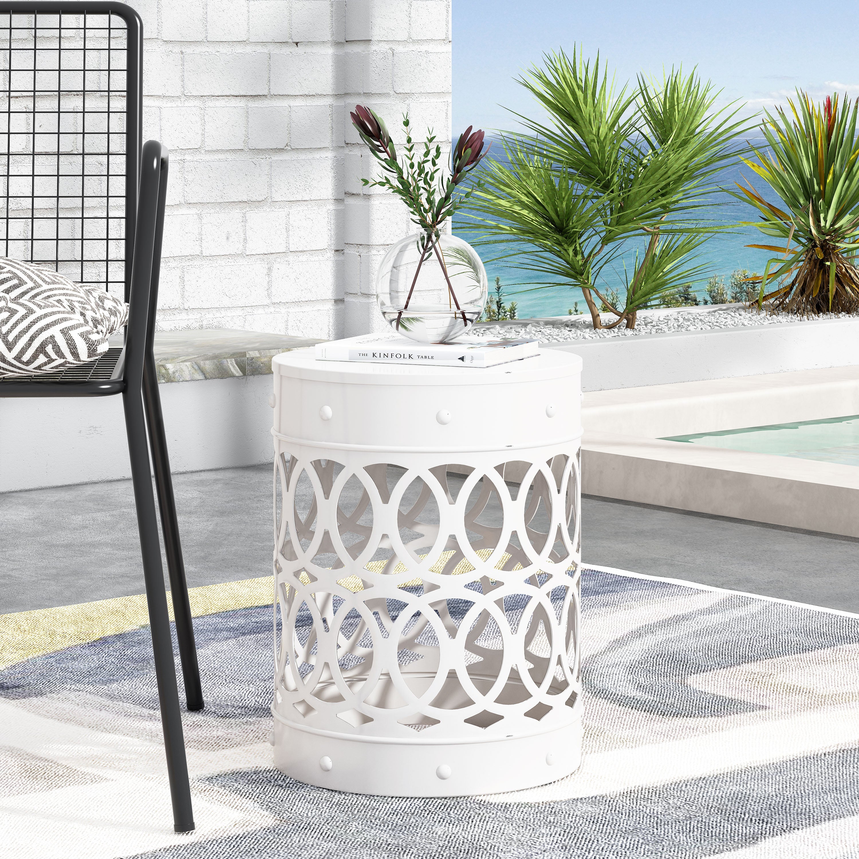 Symmetry White Outdoor Cylindrical End Table with Overlapping Circle Pattern