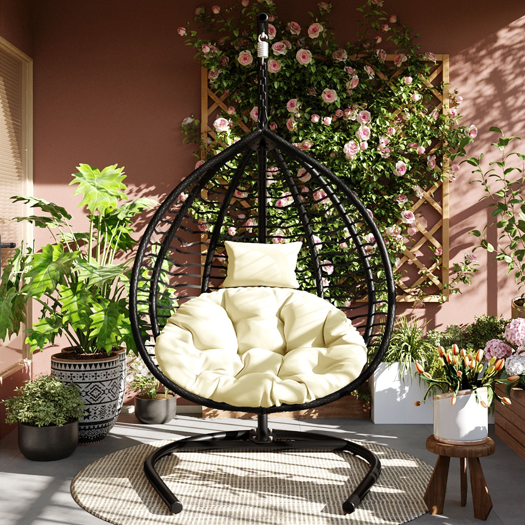 Foldable Rattan Egg Swing Chair with Iron Frame, Plush Cushion & Removable Headrest
