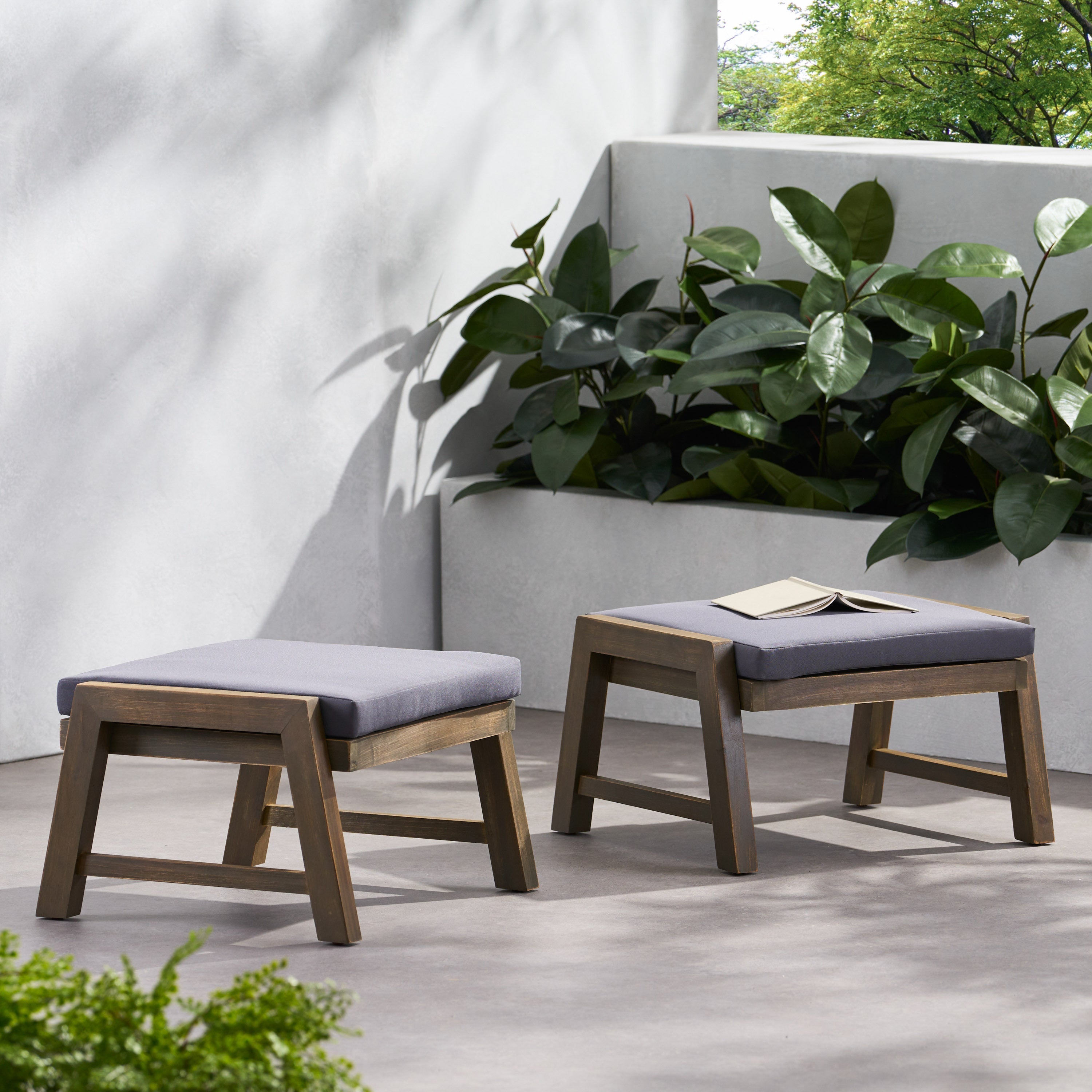 Brixton Acacia Wood Outdoor Ottomans with Cushion, Set of 2
