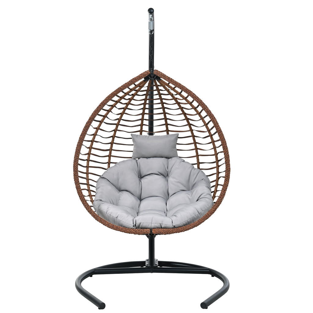 Foldable Rattan Egg Swing Chair with Iron Frame, Plush Cushion & Removable Headrest
