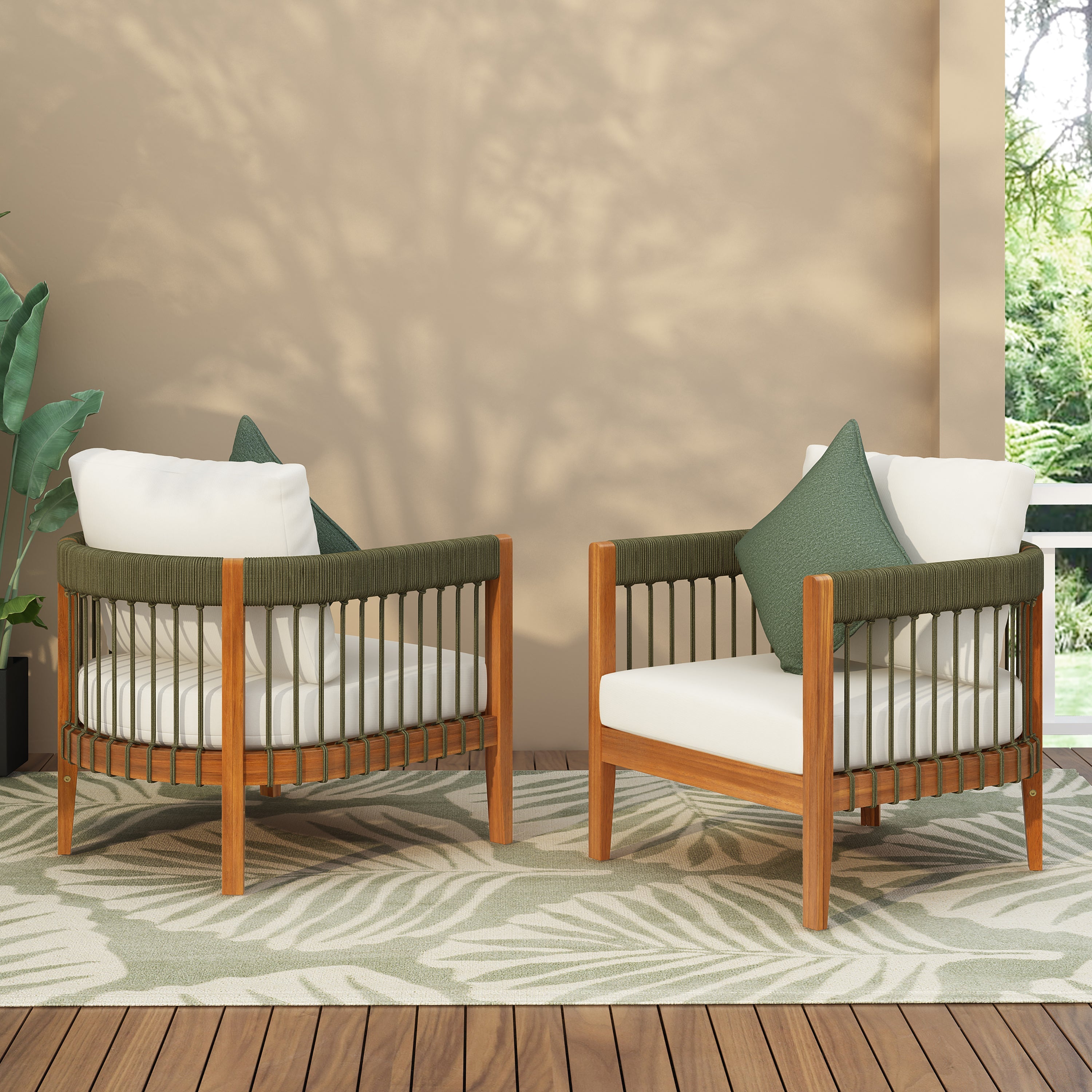 Azari Outdoor Acacia Wood Club Chair with Handwoven Rope Accents & Curved Backrest