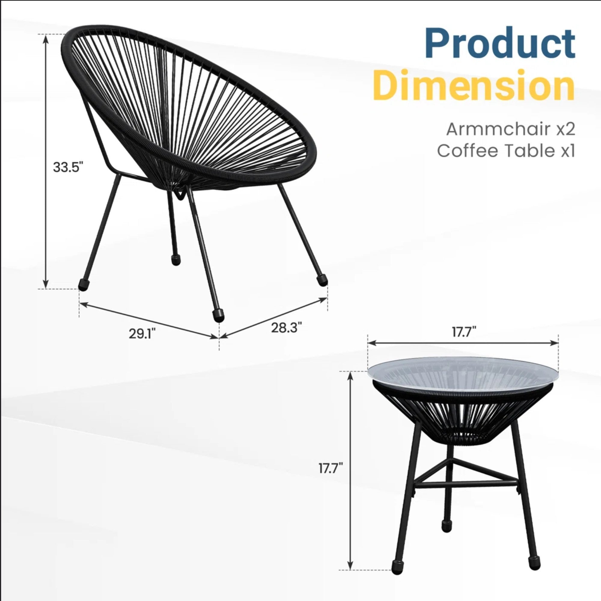 Acapulco-Style 3-Piece Patio Bistro Set with Gray PE Rattan Chairs & Tempered Glass Table