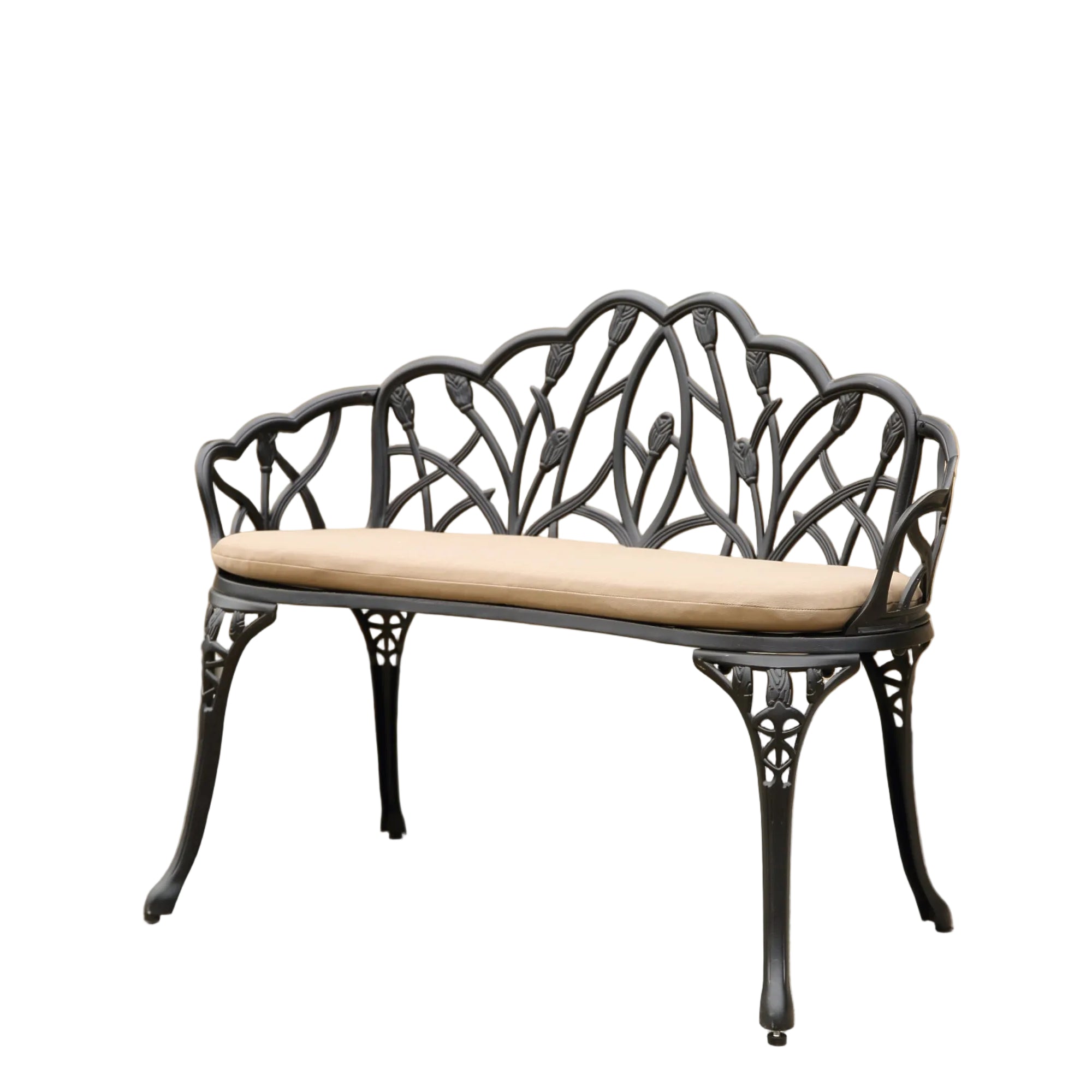 Tulip Cast Aluminum Garden Bench with cushion