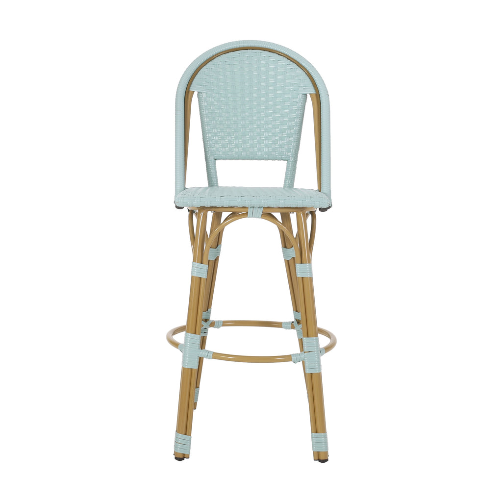 Callisto 29.5" Outdoor Rattan and Aluminum Bar Stool with Curved Back and Footrest