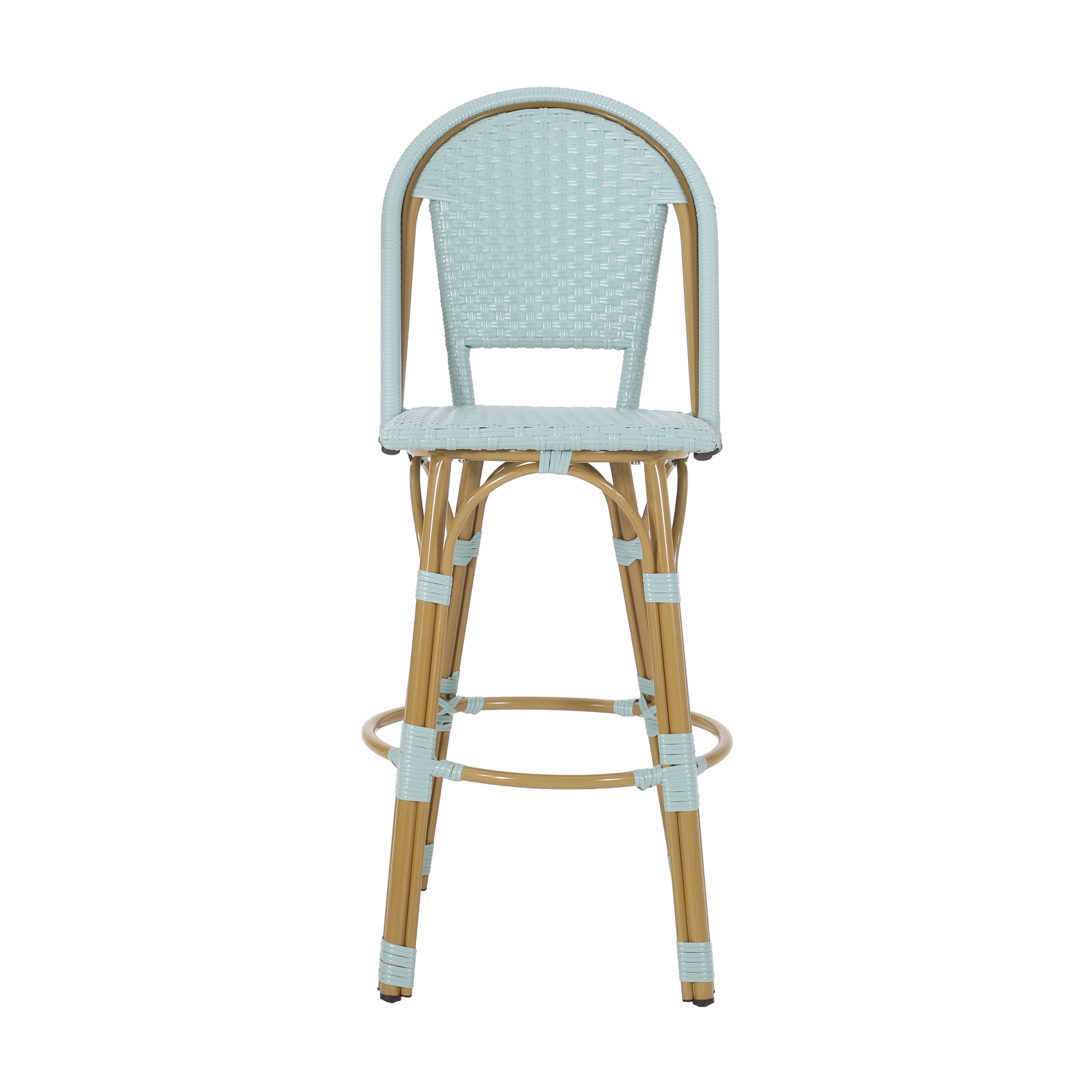 Callisto 29.5" Outdoor Rattan and Aluminum Bar Stool with Curved Back and Footrest