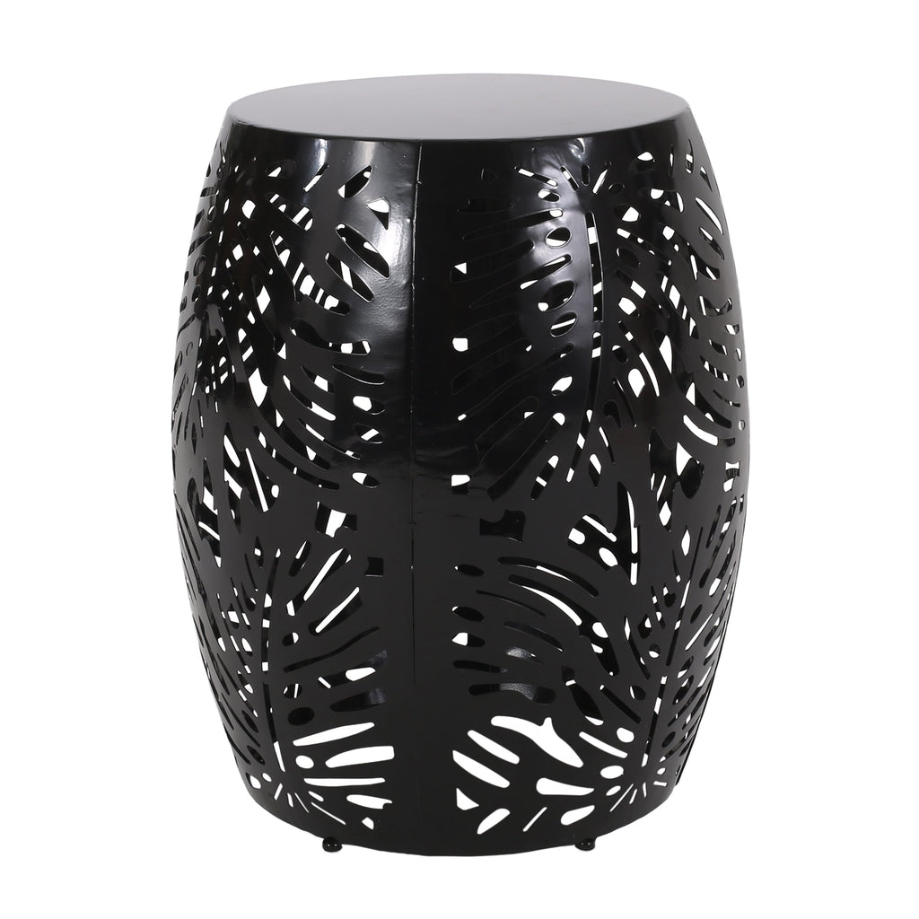 Rebirth Outdoor End Table with Tropical Palm Leaf Pattern and Iron Frame