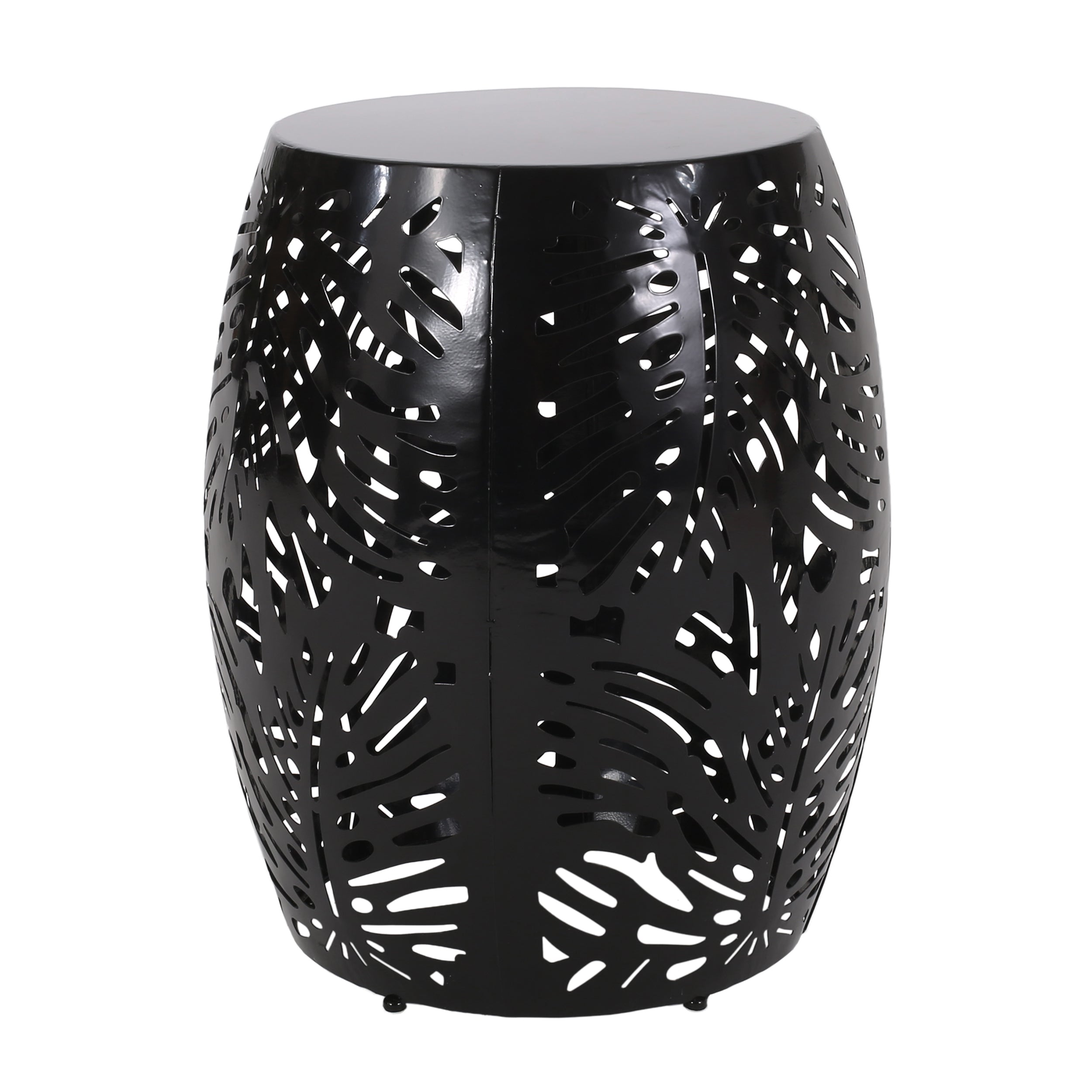 Rebirth Outdoor End Table with Tropical Palm Leaf Pattern and Iron Frame