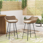 29.25" Outdoor Wicker Bar Stool with Hairpin Legs and Low Back, Set of 2