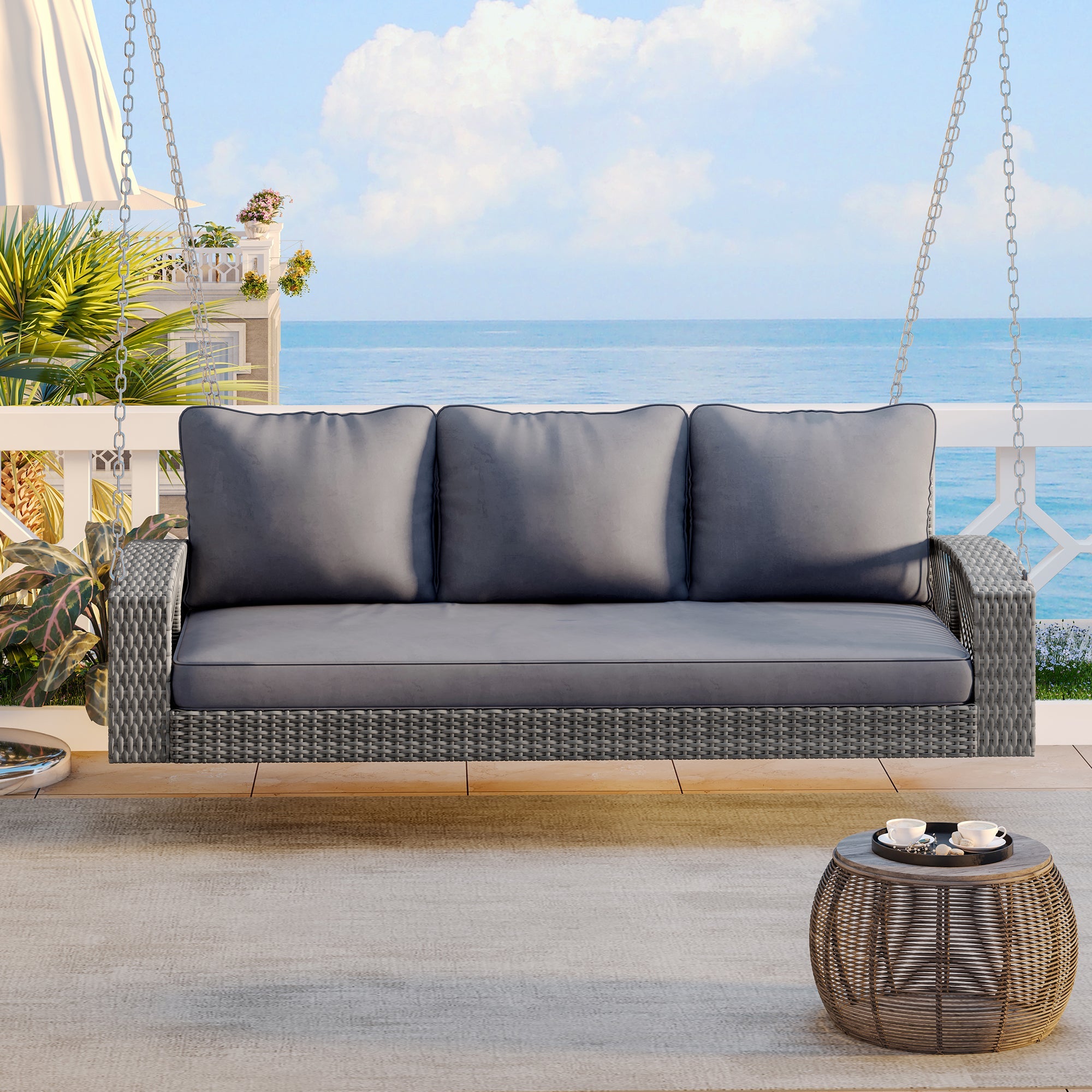 3-Person Large Porch Swing with Cushions