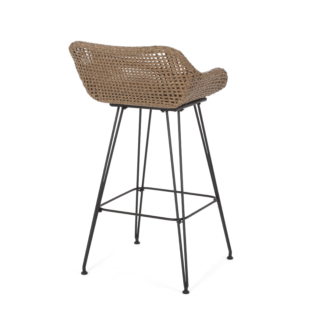 29.25" Outdoor Wicker Bar Stool with Hairpin Legs and Low Back, Set of 2
