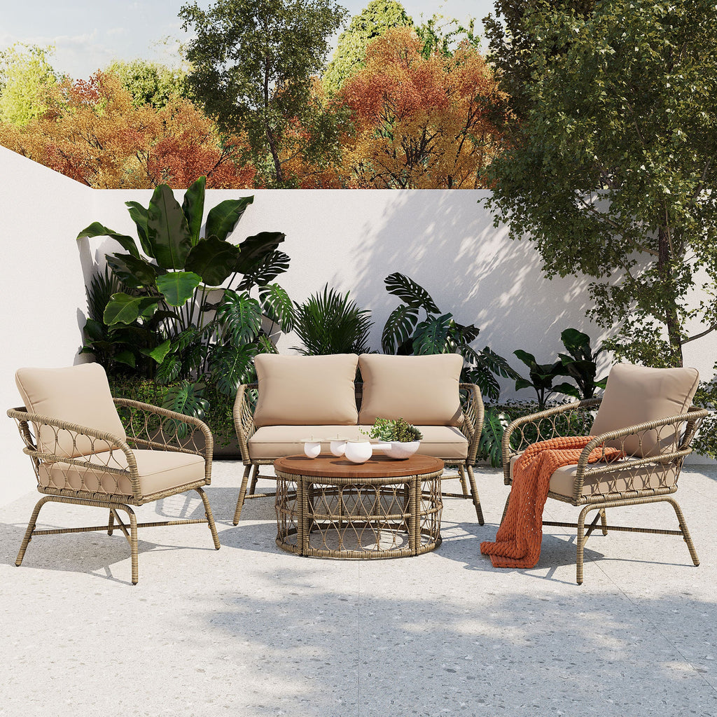 4-Piece Outdoor Sofa Set with Woven Wicker Design and Wood Table Top